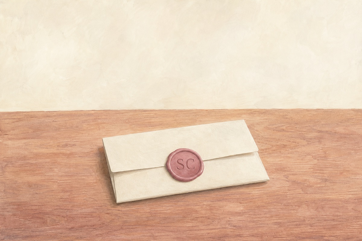 A folded cream letter sealed with a rose-mauve wax seal on a warm wooden surface — a calm still life representing a private message held with care.